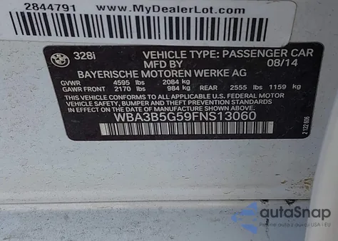 2015 BMW 328I xDrive из США, поврежденный, VIN WBA3B5G59FNS13060